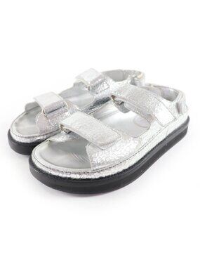 Chanel CC Logo Embroidered Back Strap Velcro Leather Flat Sandals